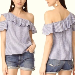 Madewell Striped One Shoulder Ruffle Boxy Fit Linen Blend Top NWOT
